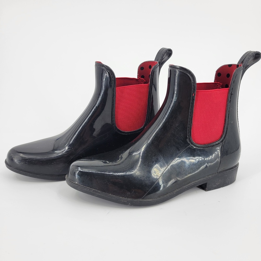Lauren Ralph Lauren Rain Boots Women 8 Black Red Chelsea Ankle Waterproof